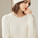 Womens Crew Neck Cashmere Sweater Long Sleeve Cashmere Pullover Ivory XS