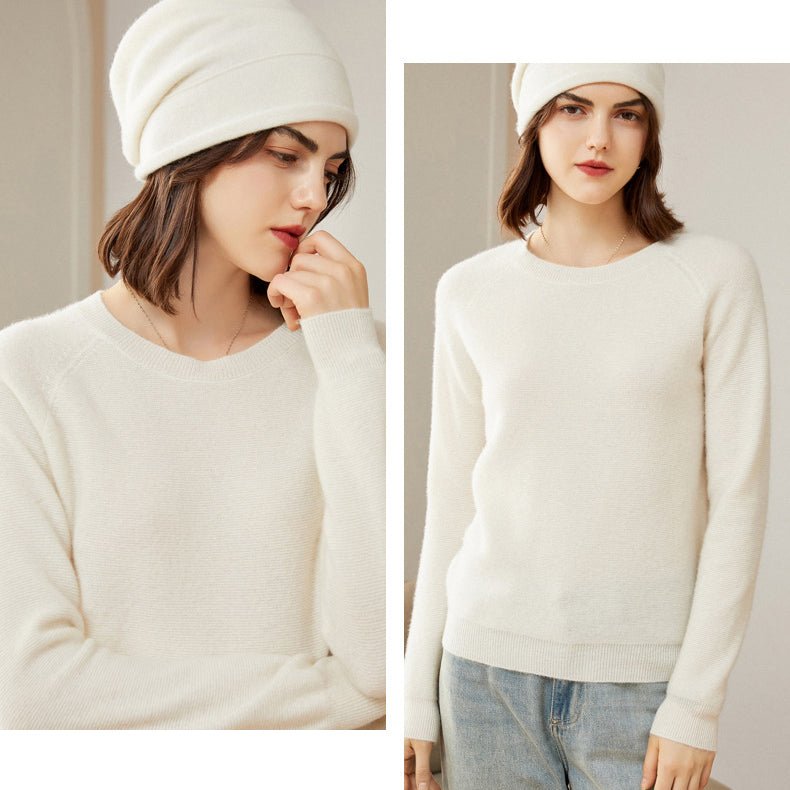 Womens Crew Neck Cashmere Sweater Long Sleeve Cashmere Pullover Ivory XS