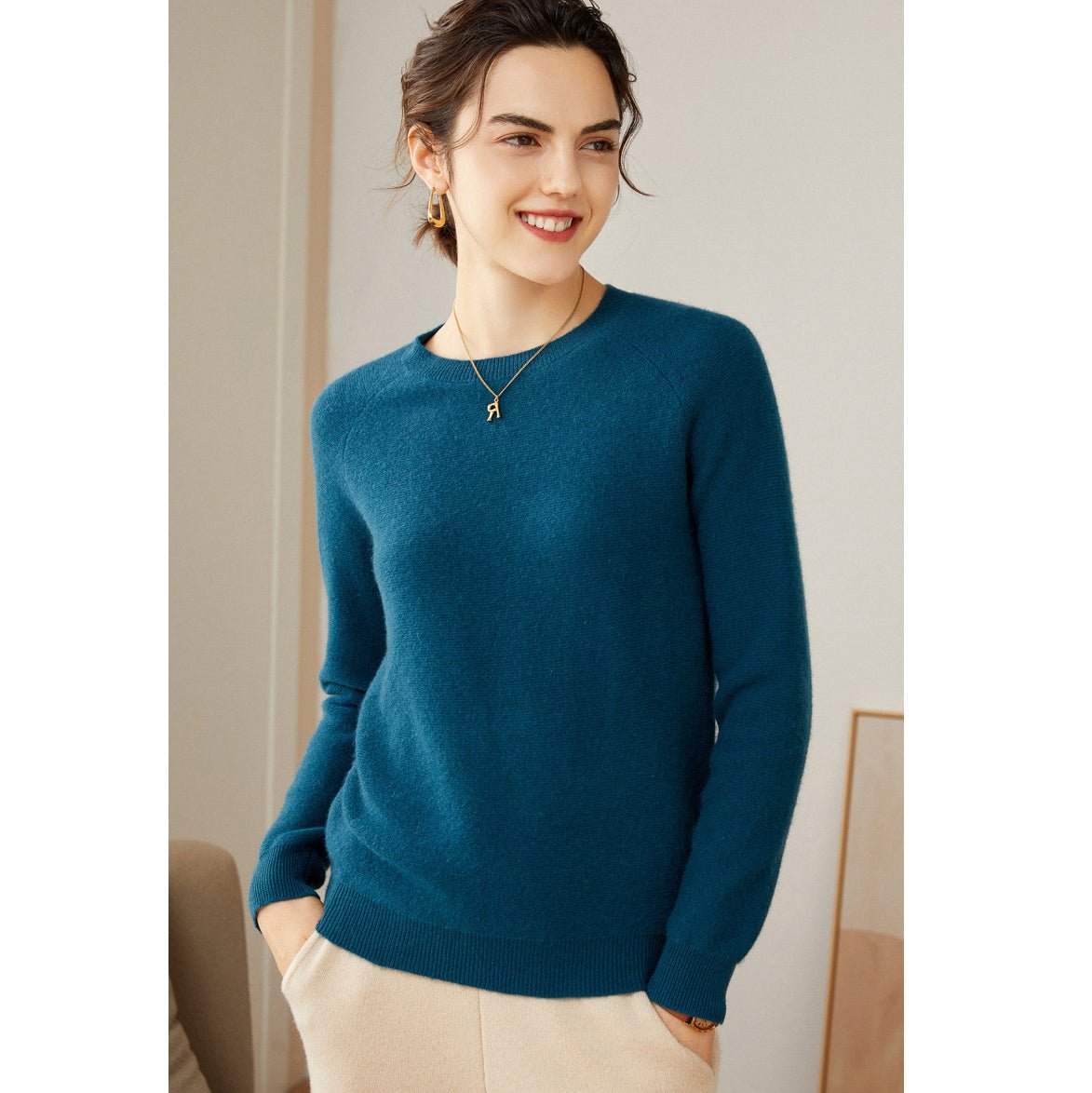 Womens Crew Neck Cashmere Sweater Long Sleeve Cashmere Pullover Ocean Blue XS