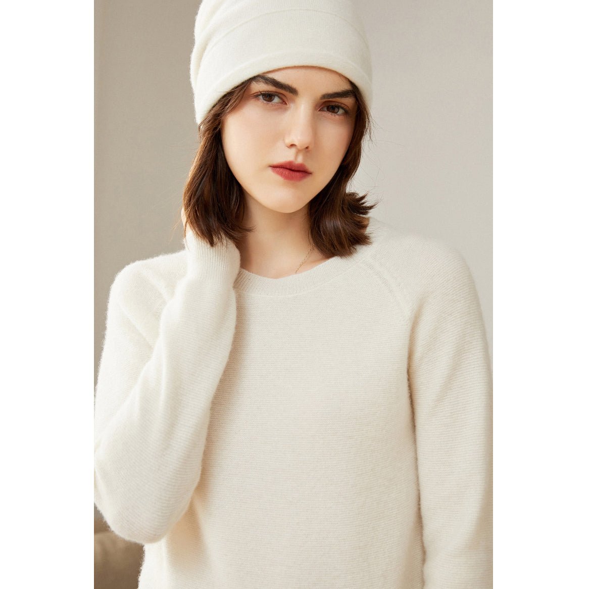 Womens Crew Neck Cashmere Sweater Long Sleeve Cashmere Pullover Ivory XS
