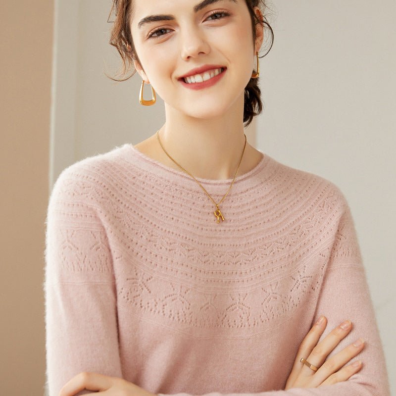 Womens Cashmere Pointelle Yoke Sweater Hollow Out Crewneck Sweater Pink XS