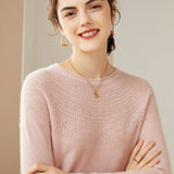 Womens Cashmere Pointelle Yoke Sweater Hollow Out Crewneck Sweater Pink XS