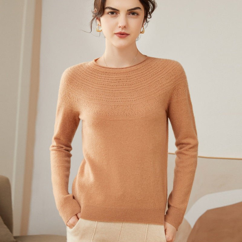 Womens Cashmere Pointelle Yoke Sweater Hollow Out Crewneck Sweater Camel XS