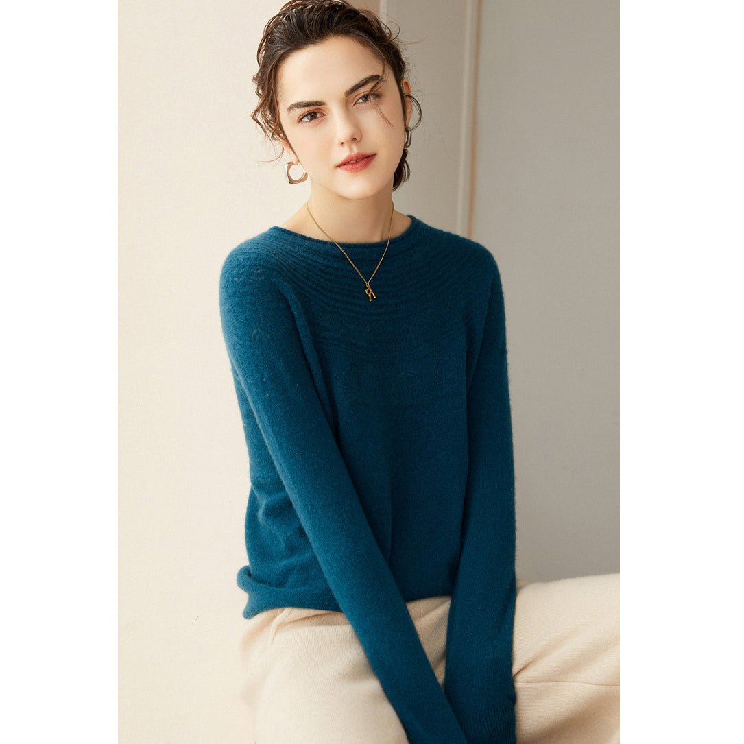 Womens Cashmere Pointelle Yoke Sweater Hollow Out Crewneck Sweater Ocean Blue XS