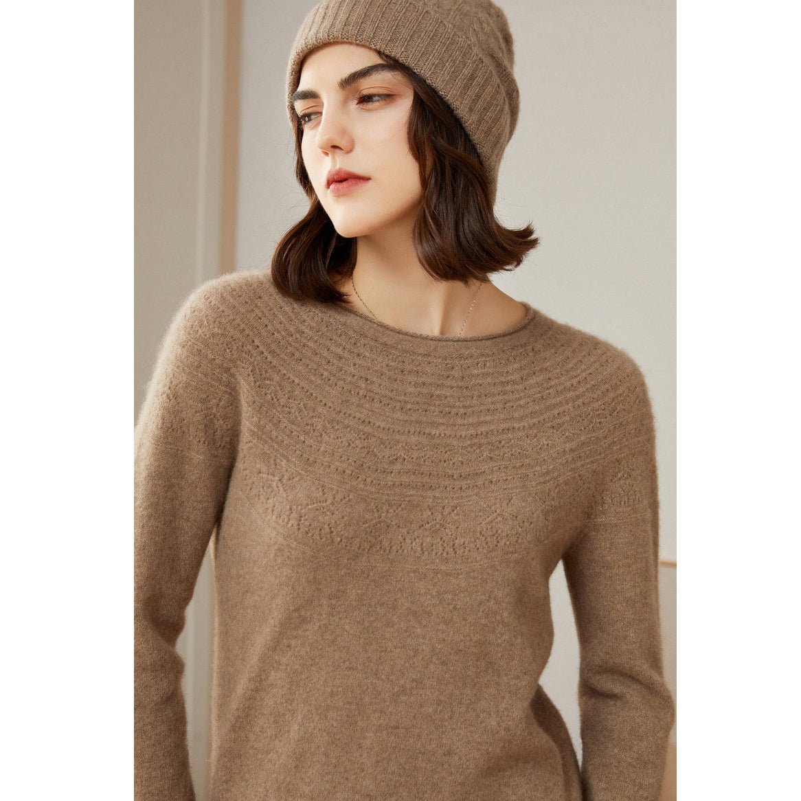 Womens Cashmere Pointelle Yoke Sweater Hollow Out Crewneck Sweater Taupe XS