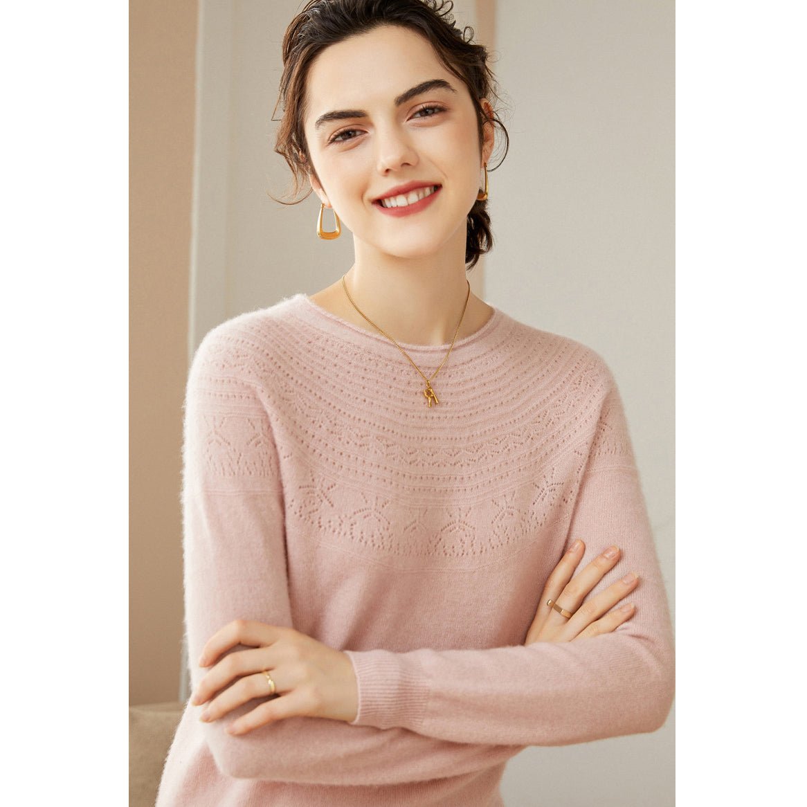 Womens Cashmere Pointelle Yoke Sweater Hollow Out Crewneck Sweater Pink XS
