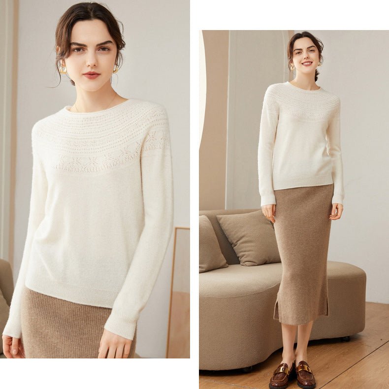 Womens Cashmere Pointelle Yoke Sweater Hollow Out Crewneck Sweater Ivory XS