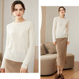 Womens Cashmere Pointelle Yoke Sweater Hollow Out Crewneck Sweater Ivory XS