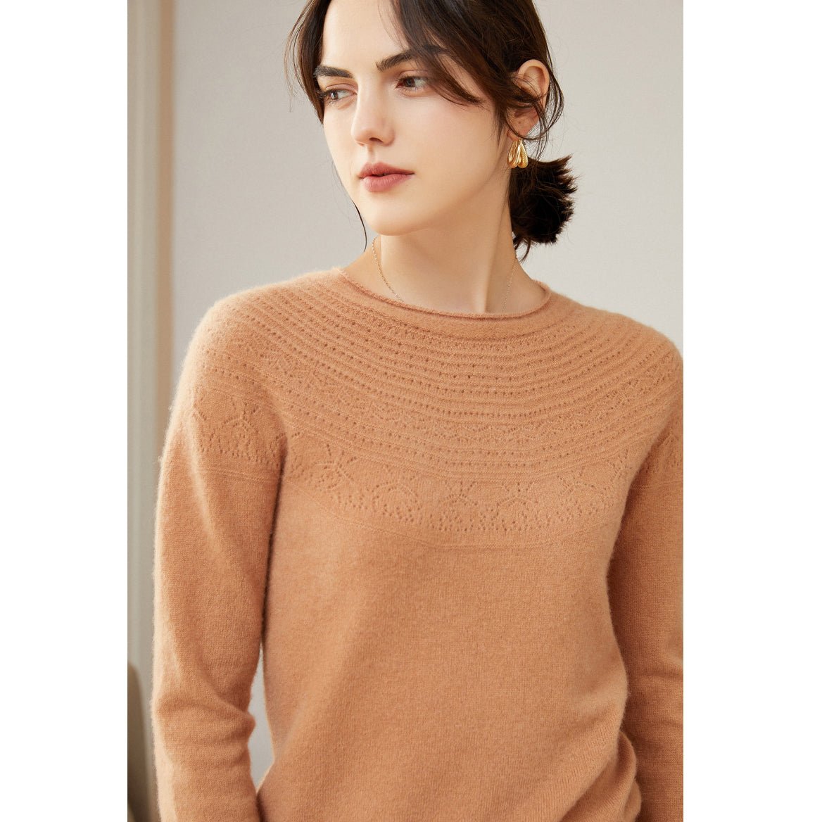 Womens Cashmere Pointelle Yoke Sweater Hollow Out Crewneck Sweater Camel XS