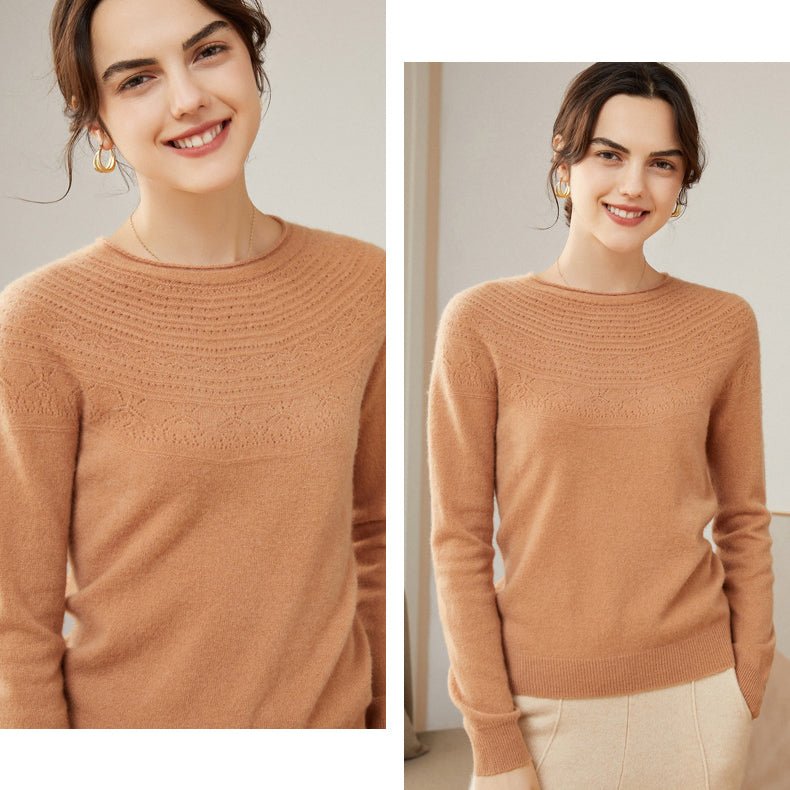 Womens Cashmere Pointelle Yoke Sweater Hollow Out Crewneck Sweater Camel XS