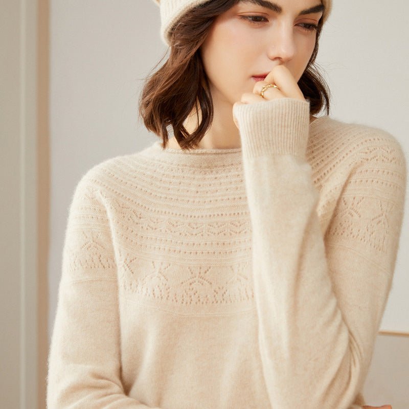 Womens Cashmere Pointelle Yoke Sweater Hollow Out Crewneck Sweater Beige XS