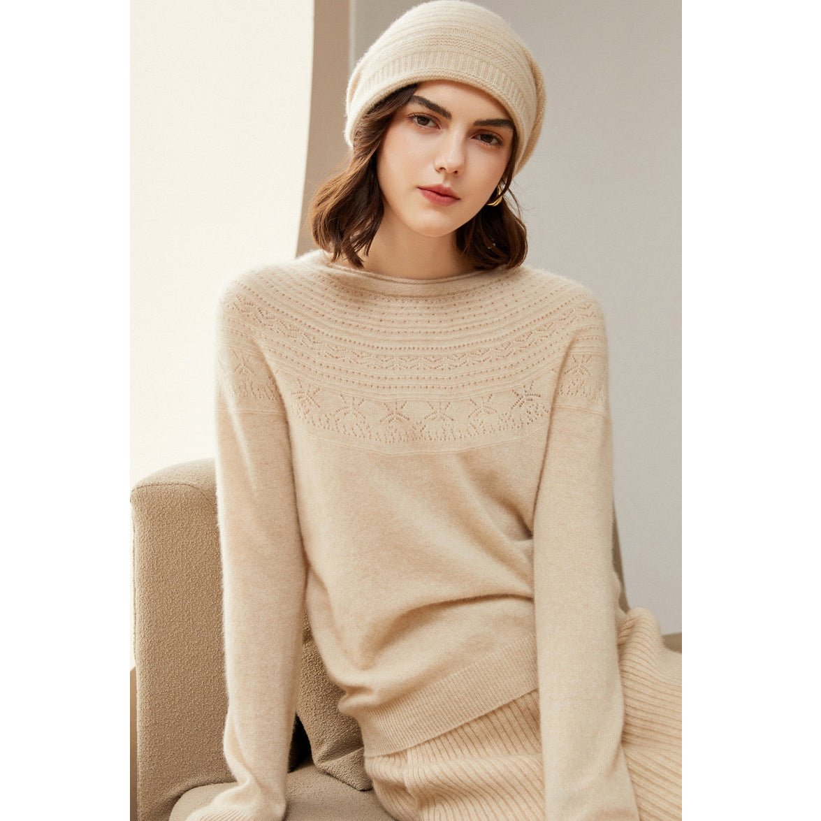 Womens Cashmere Pointelle Yoke Sweater Hollow Out Crewneck Sweater Beige XS