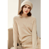 Womens Cashmere Pointelle Yoke Sweater Hollow Out Crewneck Sweater Beige XS