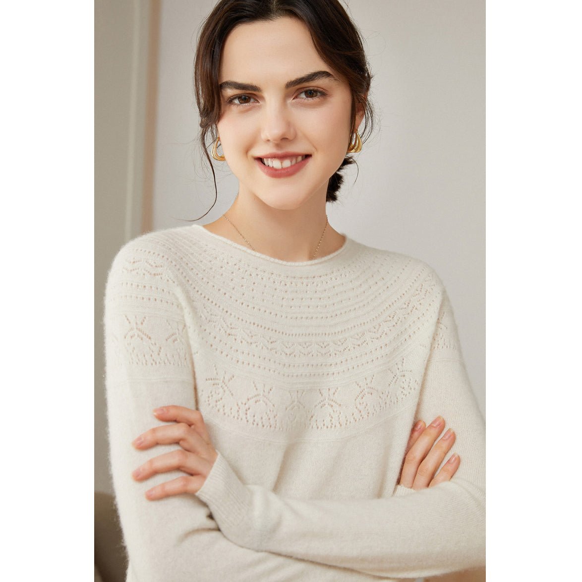 Womens Cashmere Pointelle Yoke Sweater Hollow Out Crewneck Sweater Ivory XS