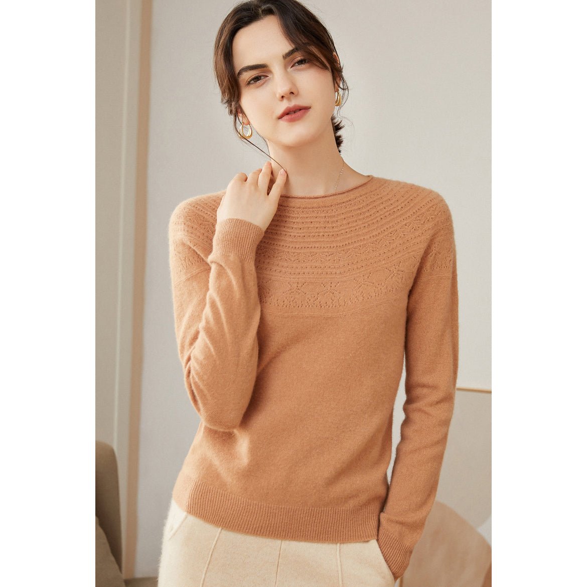 Womens Cashmere Pointelle Yoke Sweater Hollow Out Crewneck Sweater Camel XS