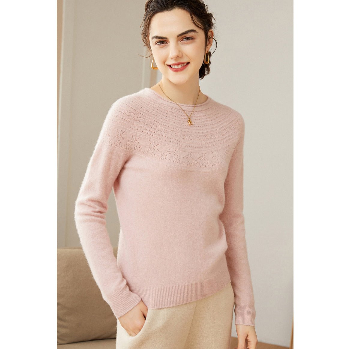 Womens Cashmere Pointelle Yoke Sweater Hollow Out Crewneck Sweater Pink XS