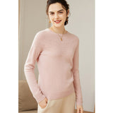 Womens Cashmere Pointelle Yoke Sweater Hollow Out Crewneck Sweater Pink XS