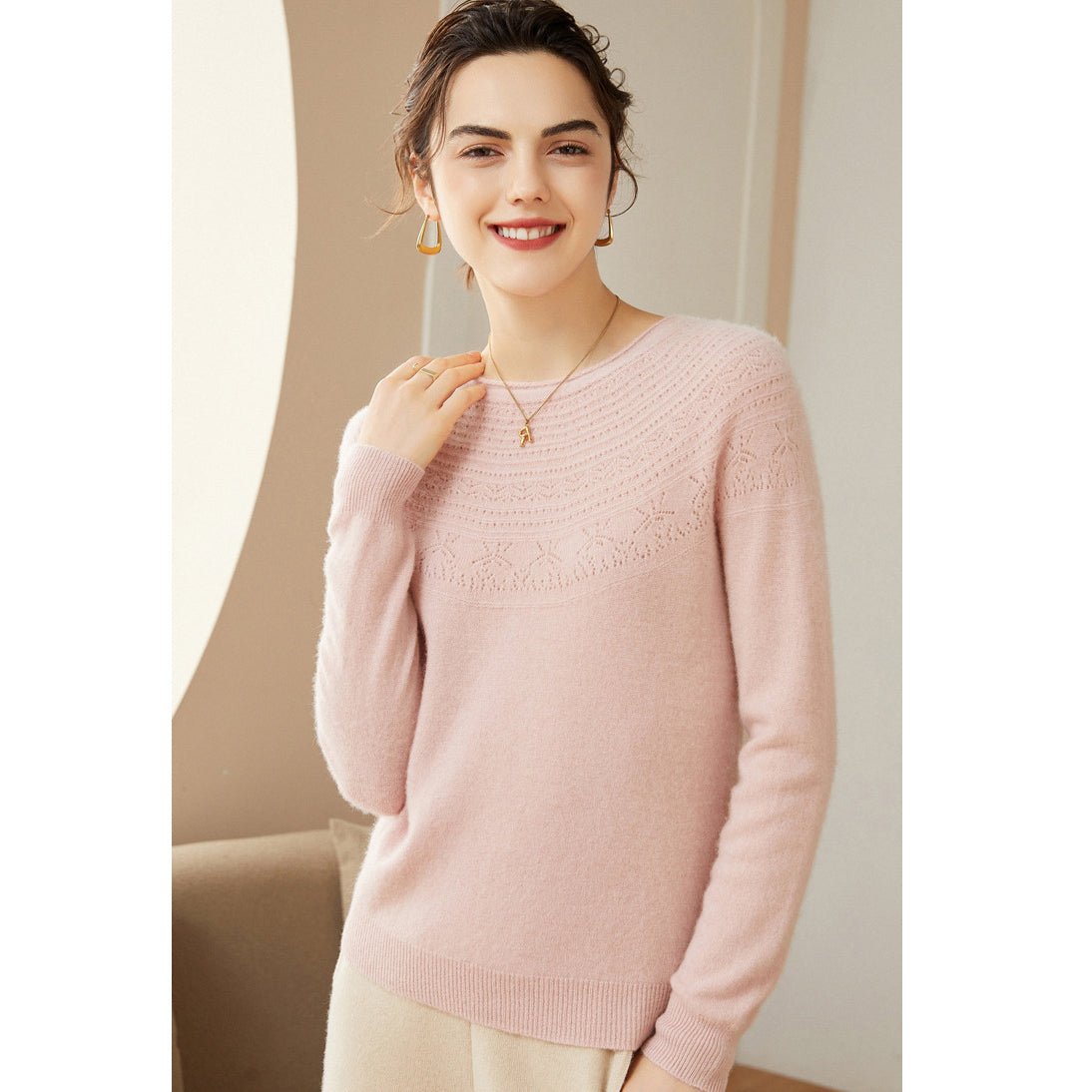 Womens Cashmere Pointelle Yoke Sweater Hollow Out Crewneck Sweater Pink XS