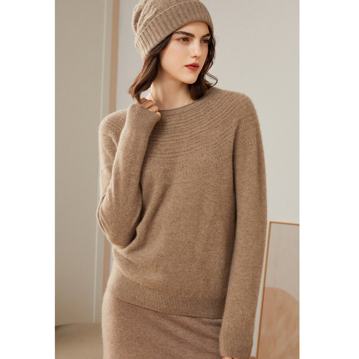 Womens Cashmere Pointelle Yoke Sweater Hollow Out Crewneck Sweater Taupe XS