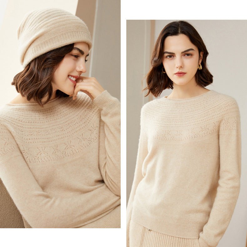 Womens Cashmere Pointelle Yoke Sweater Hollow Out Crewneck Sweater Beige XS