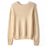 Womens Cashmere Pointelle Yoke Sweater Hollow Out Crewneck Sweater Beige XS