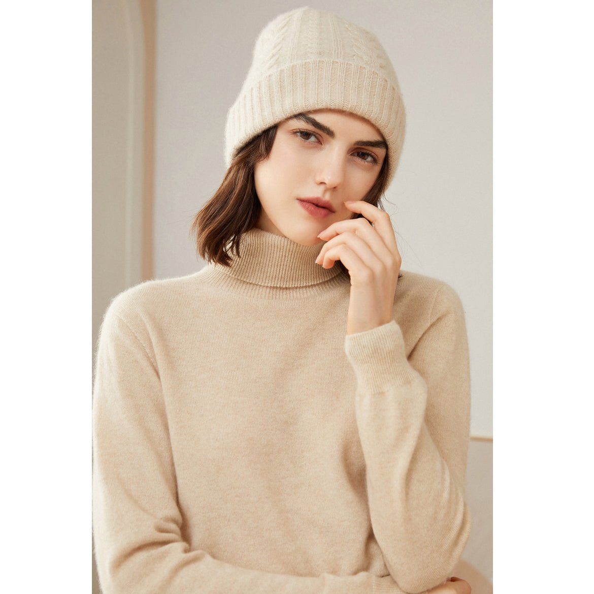 Womens Pure Cashmere Turtle Neck Sweater Long Cashmere Pullover Beige XS