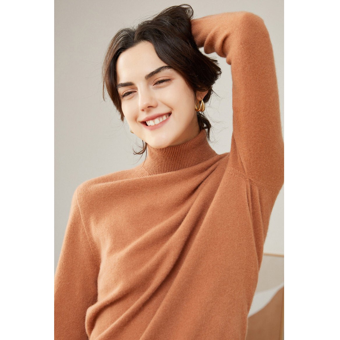 Womens Pure Cashmere Turtle Neck Sweater Long Cashmere Pullover Camel XS