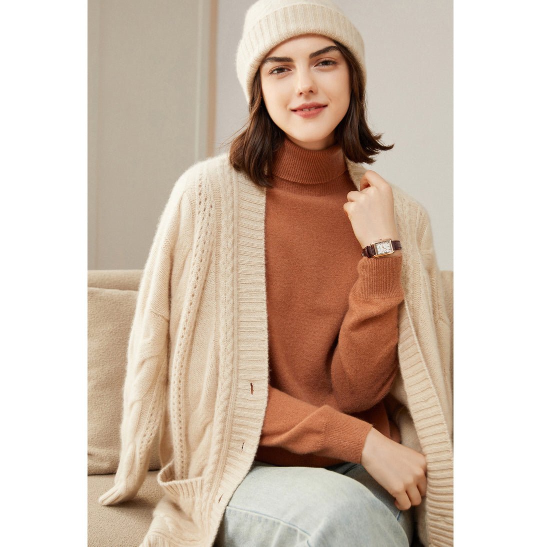 Womens Pure Cashmere Turtle Neck Sweater Long Cashmere Pullover Camel XS