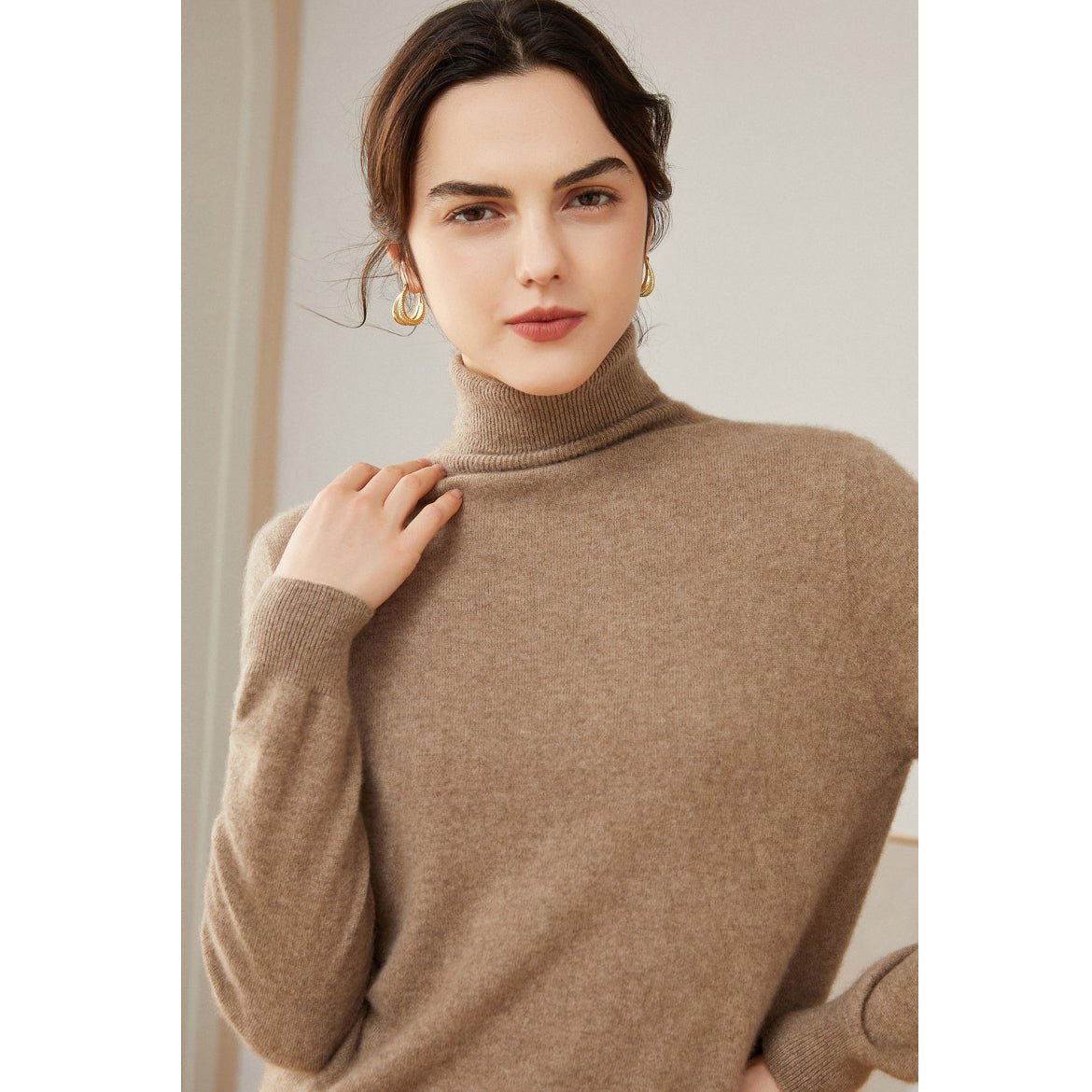 Womens Pure Cashmere Turtle Neck Sweater Long Cashmere Pullover Taupe XS