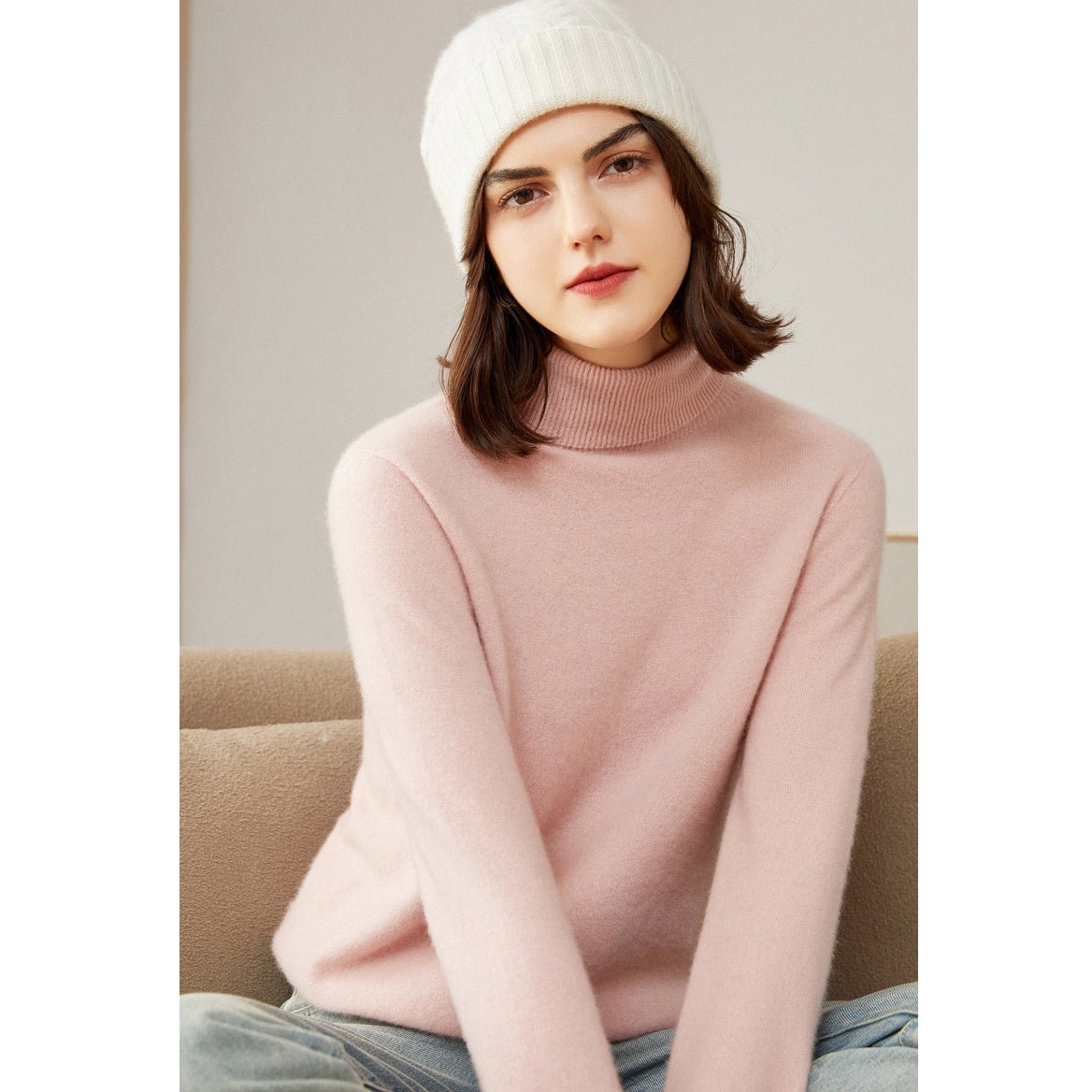 Womens Pure Cashmere Turtle Neck Sweater Long Cashmere Pullover Pink XS