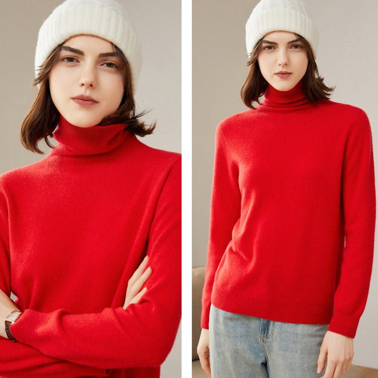 Womens Pure Cashmere Turtle Neck Sweater Long Cashmere Pullover Red XS