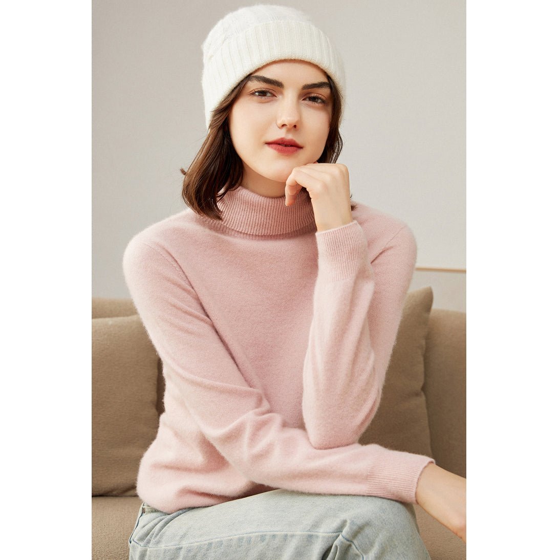 Womens Pure Cashmere Turtle Neck Sweater Long Cashmere Pullover Pink XS
