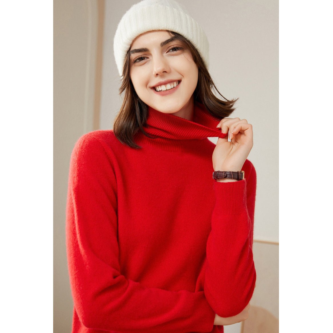 Womens Pure Cashmere Turtle Neck Sweater Long Cashmere Pullover Red XS