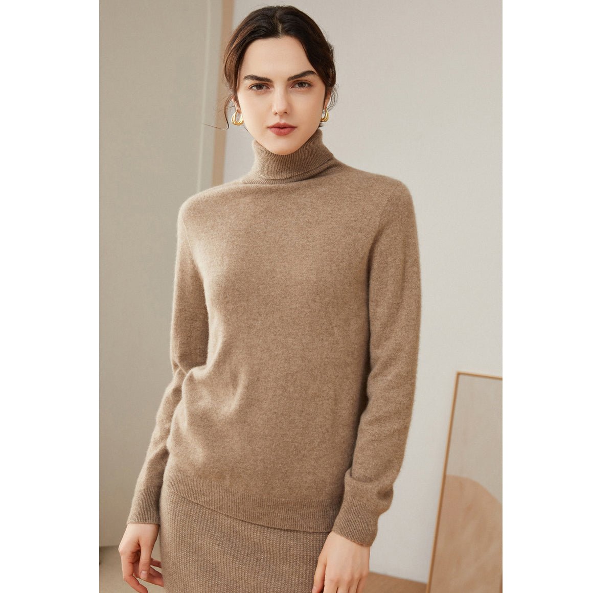 Womens Pure Cashmere Turtle Neck Sweater Long Cashmere Pullover Taupe XS