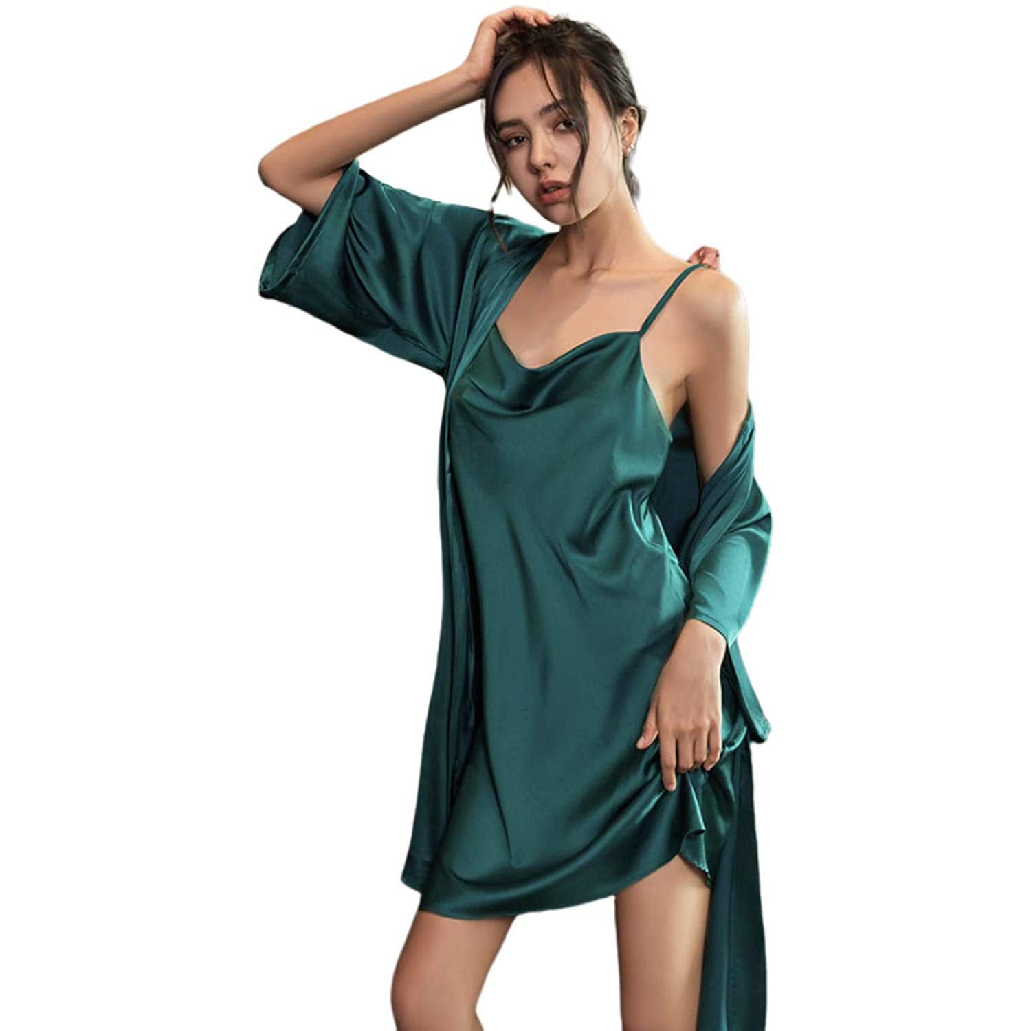 Womens Cowl Neck Silk Slip Dress Silk Robe Silk Two Piece Set Green Silk Dress Green XS