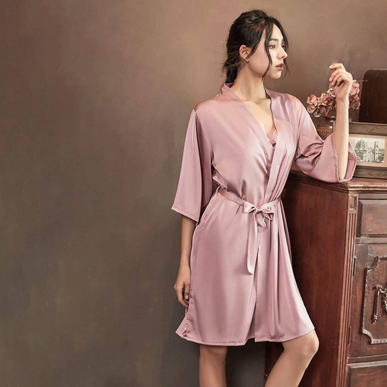 Womens Cowl Neck Silk Slip Dress Silk Robe Silk Two Piece Set Green Silk Dress Pink XS