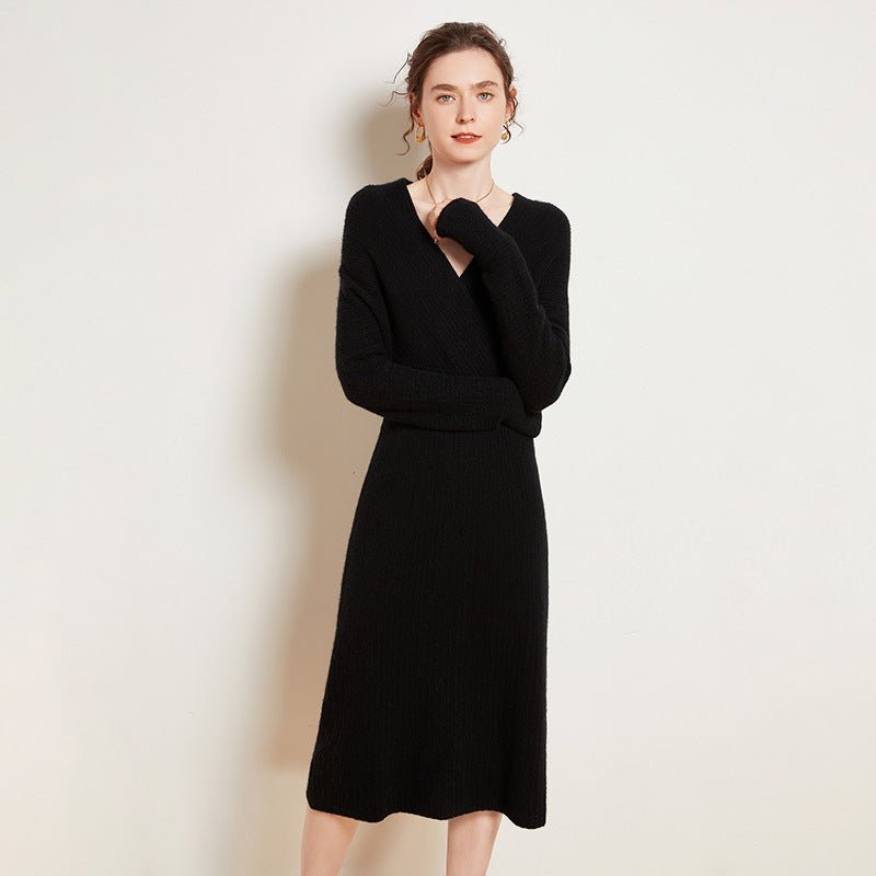 Womens Cashmere Ribbed Knit Wrap Dress Long Sleeve V Neck Midi Dresses Black XS