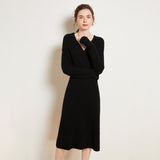 Womens Cashmere Ribbed Knit Wrap Dress Long Sleeve V Neck Midi Dresses Black XS