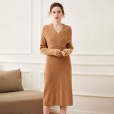 Womens Cashmere Ribbed Knit Wrap Dress Long Sleeve V Neck Midi Dresses Camel XS