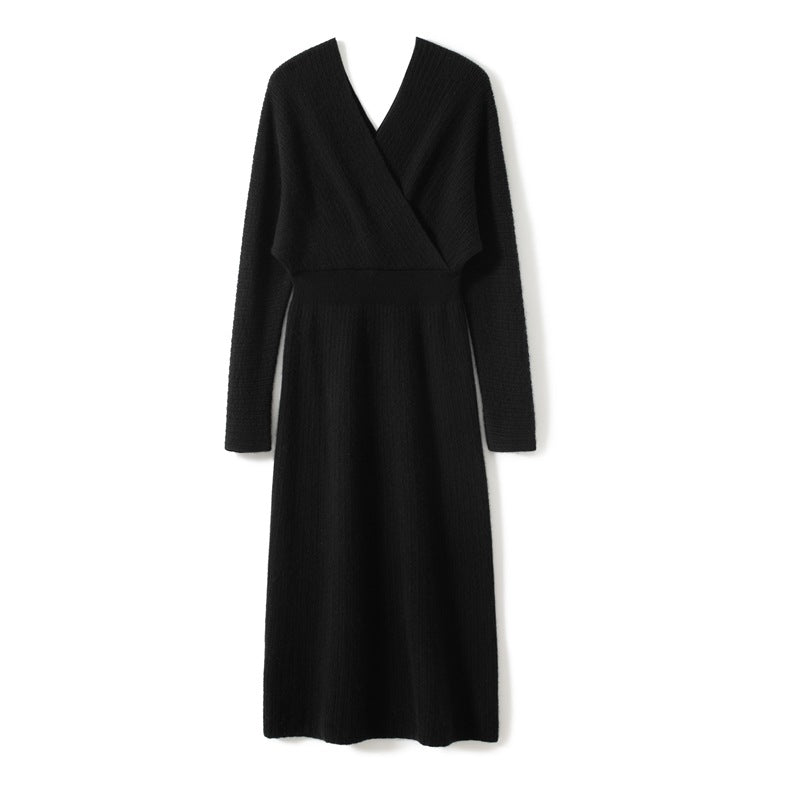 Womens Cashmere Ribbed Knit Wrap Dress Long Sleeve V Neck Midi Dresses Black XS