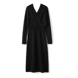 Womens Cashmere Ribbed Knit Wrap Dress Long Sleeve V Neck Midi Dresses Black XS