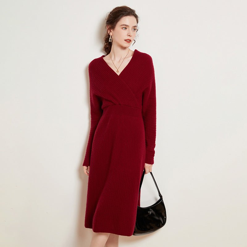 Womens Cashmere Ribbed Knit Wrap Dress Long Sleeve V Neck Midi Dresses Claret XS