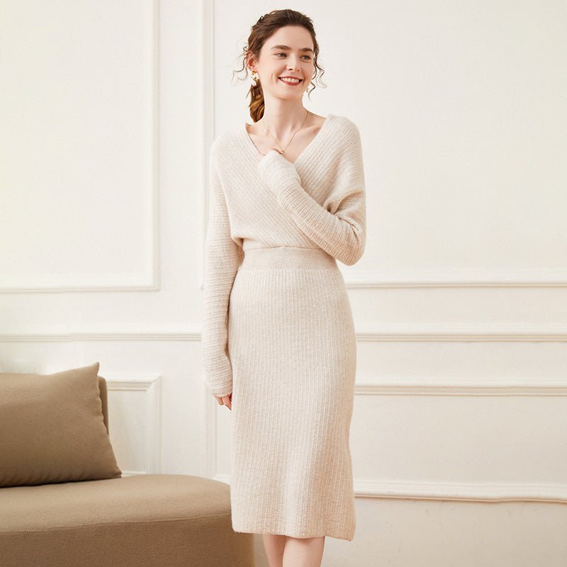 Womens Cashmere Ribbed Knit Wrap Dress Long Sleeve V Neck Midi Dresses Beige XS