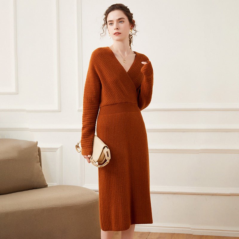 Womens Cashmere Ribbed Knit Wrap Dress Long Sleeve V Neck Midi Dresses Caramel XS