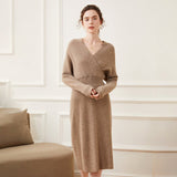 Womens Cashmere Ribbed Knit Wrap Dress Long Sleeve V Neck Midi Dresses Taupe XS