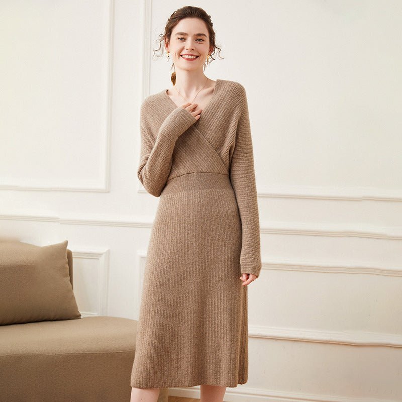 Womens Cashmere Ribbed Knit Wrap Dress Long Sleeve V Neck Midi Dresses Beige XS