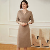 Womens Cashmere Wrap Dress Ribbed Knit Long Sleeve V Neck Midi Dresses Taupe XS
