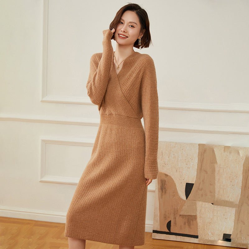 Womens Cashmere Wrap Dress Ribbed Knit Long Sleeve V Neck Midi Dresses Camel XS
