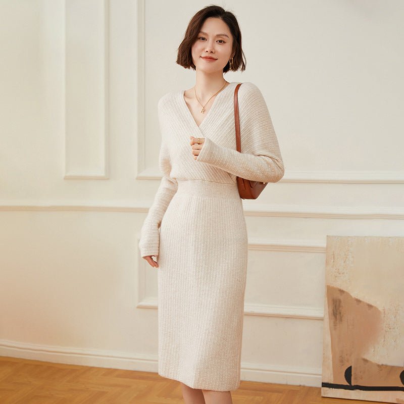 Womens Cashmere Wrap Dress Ribbed Knit Long Sleeve V Neck Midi Dresses Beige XS