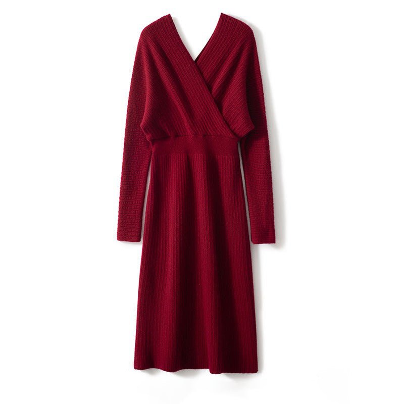 Womens Cashmere Wrap Dress Ribbed Knit Long Sleeve V Neck Midi Dresses Claret XS